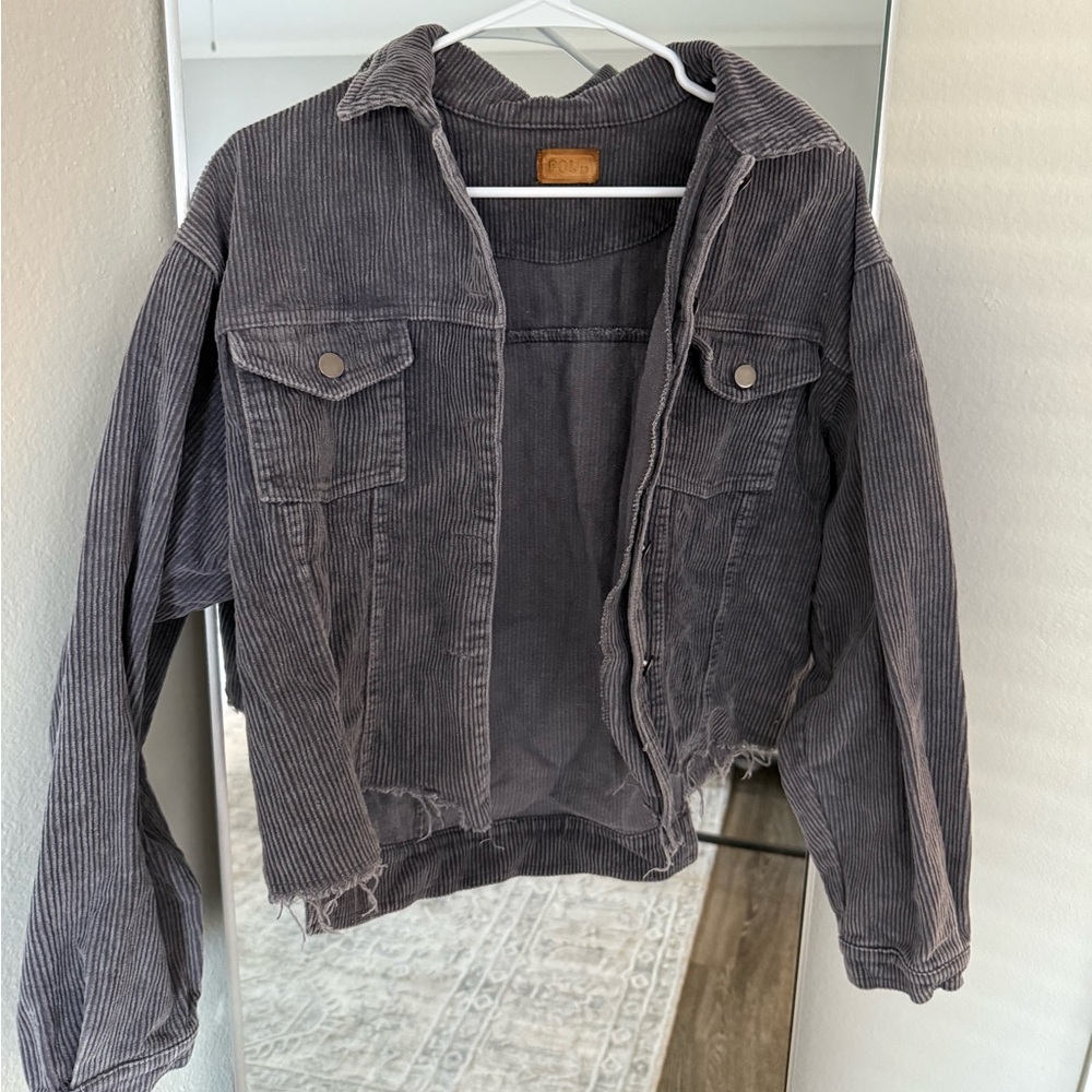Grey/purple cropped corduroy jacket with distressed hem